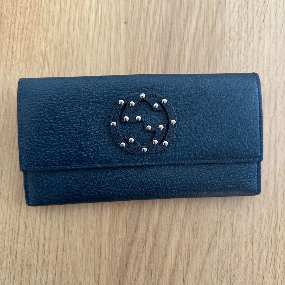 Gucci Blue Gg Studded Interlocking Leather Wallet - Picture 1 of 14